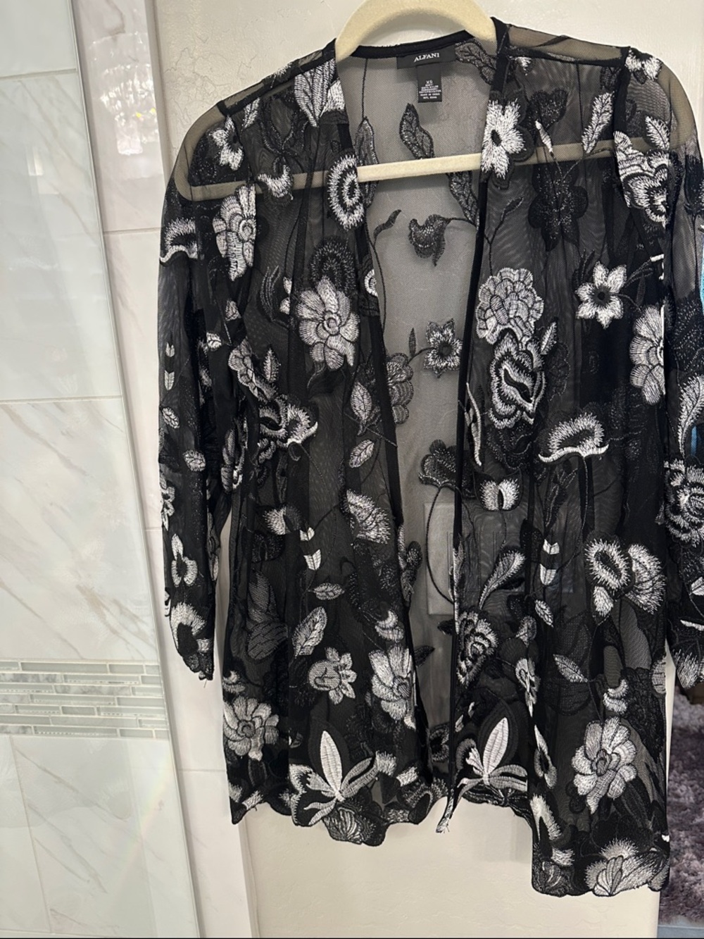 Alfani Black Sheer Floral Embroidered Jacket